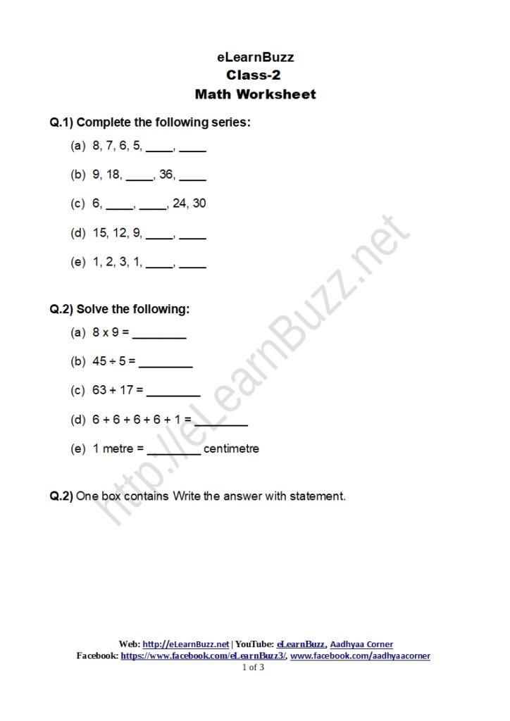 Math Worksheet for Grade 2 kids