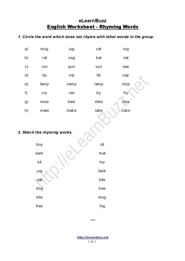 Rhyming Words Worksheet for Kids