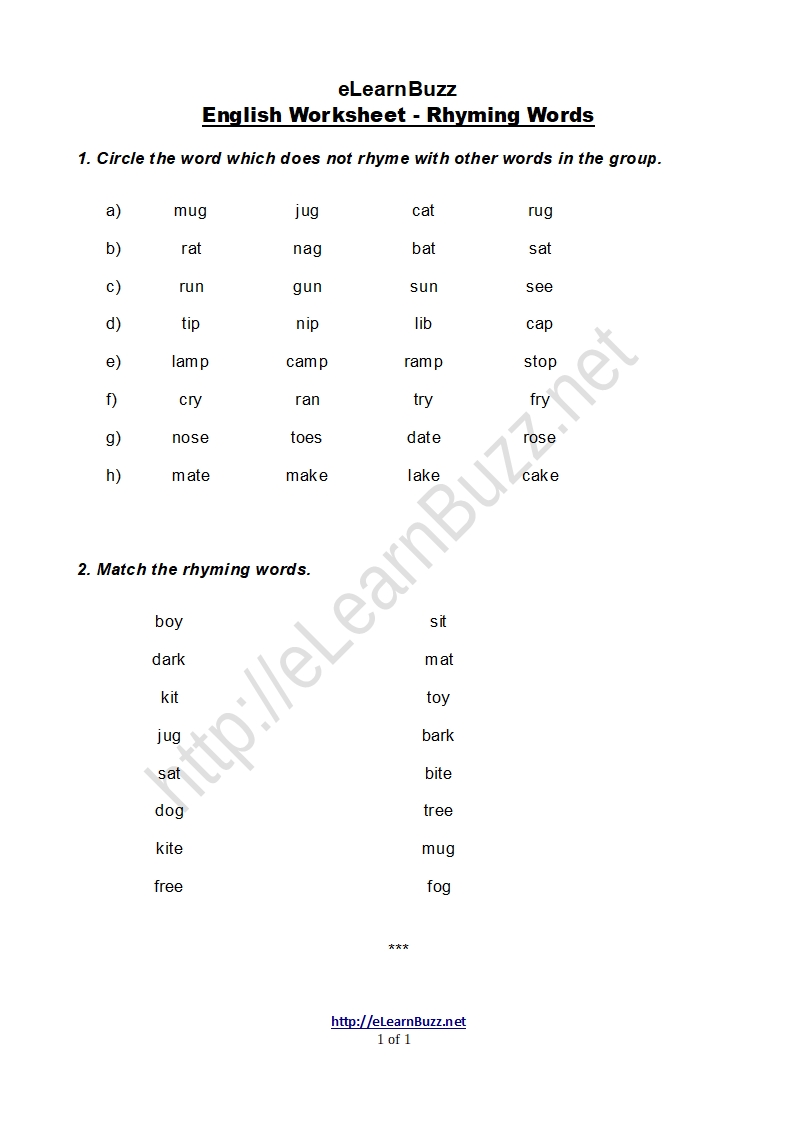 Rhyming Words Worksheet ELearnBuzz