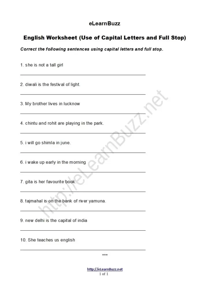 English worksheet on Capital Letters and Full Stop.