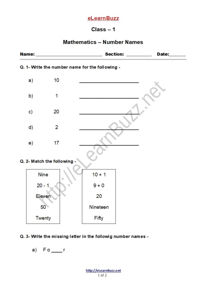 Worksheet on Number Name for Class1
