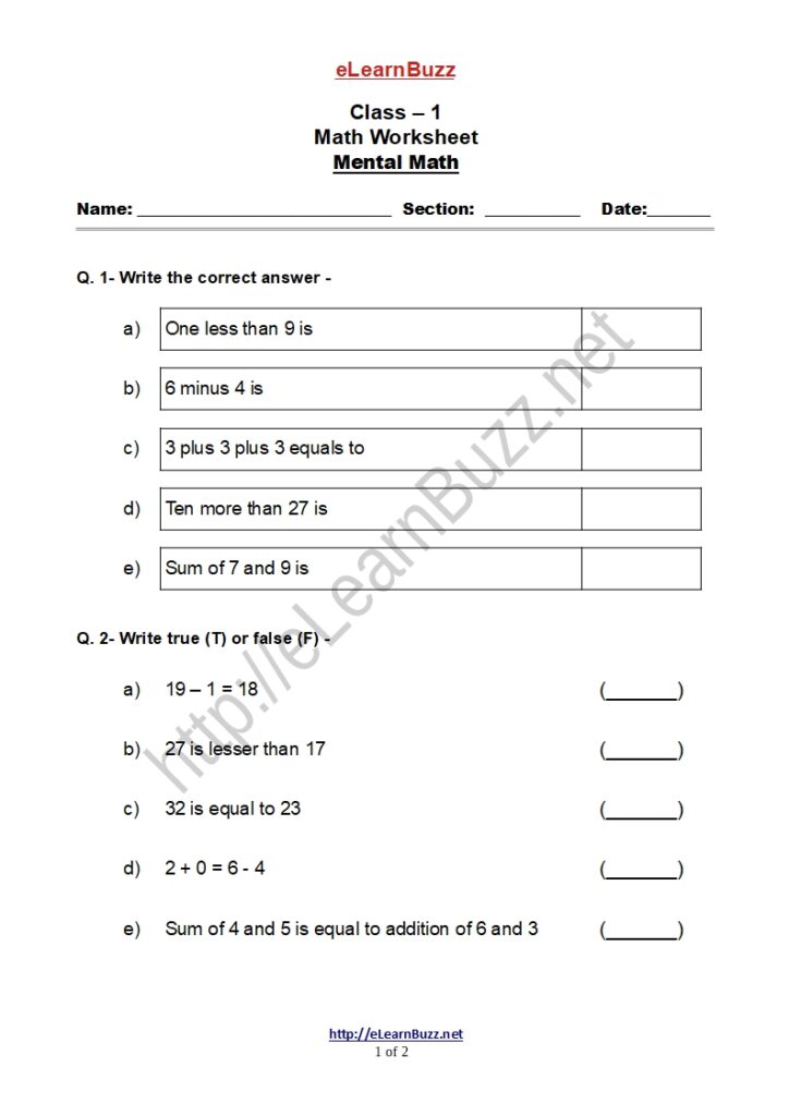 Mental Math Exercise for Class 1 Kids