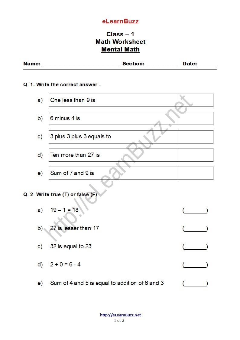 Mental Math Exercise for Class 1 Kids (Set-1) - eLearnBuzz