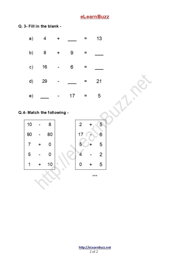 Mental Math Worksheet for Class 1