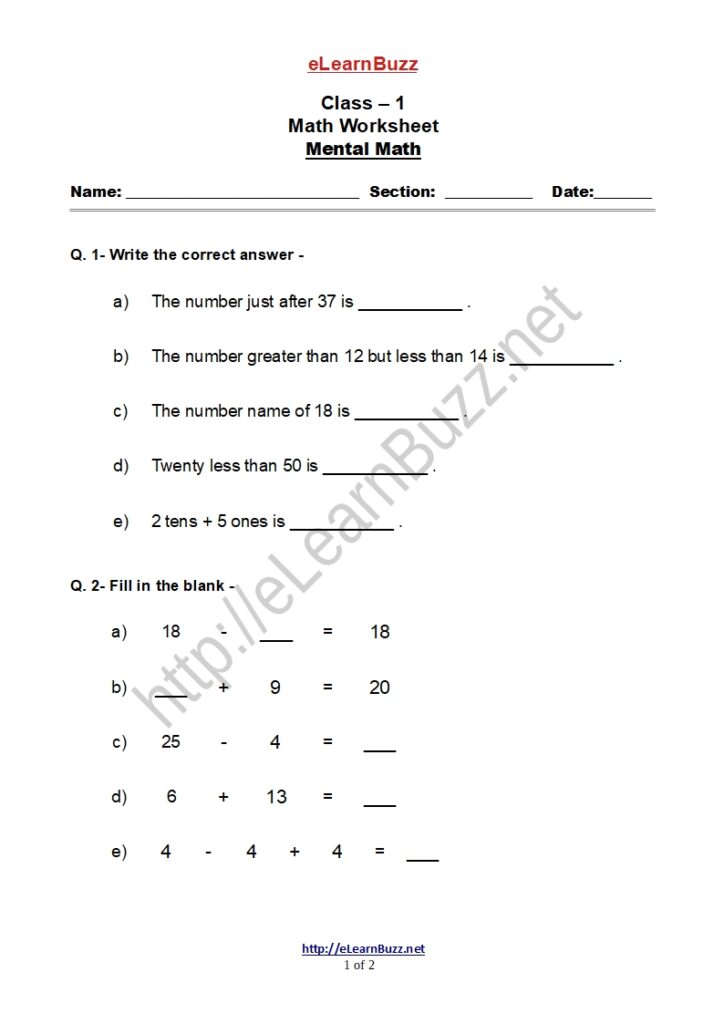 Mental Math Exercise for Class 1 Kids 