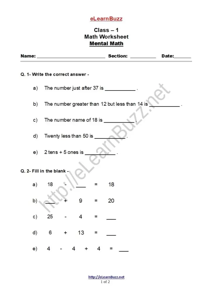 Mental Math Exercise for Class 1 Kids
