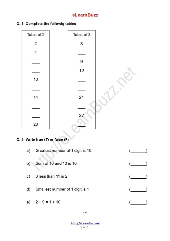 Mental Math Worksheet for Class 1 Kids