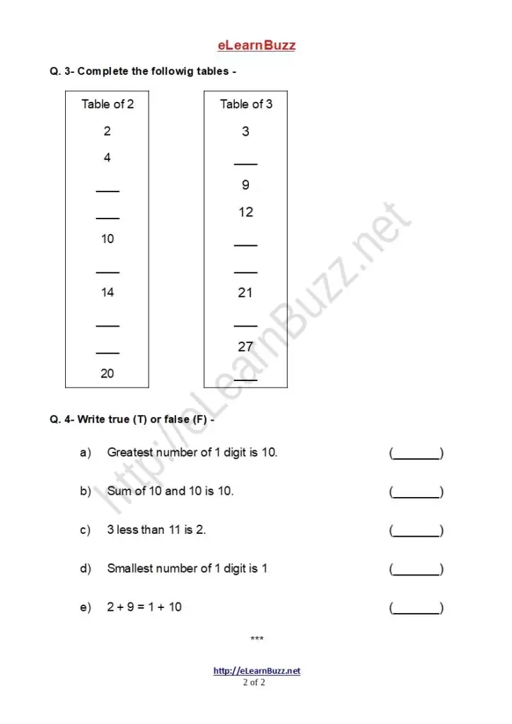 Mental Math Worksheet for Class 1 Kids