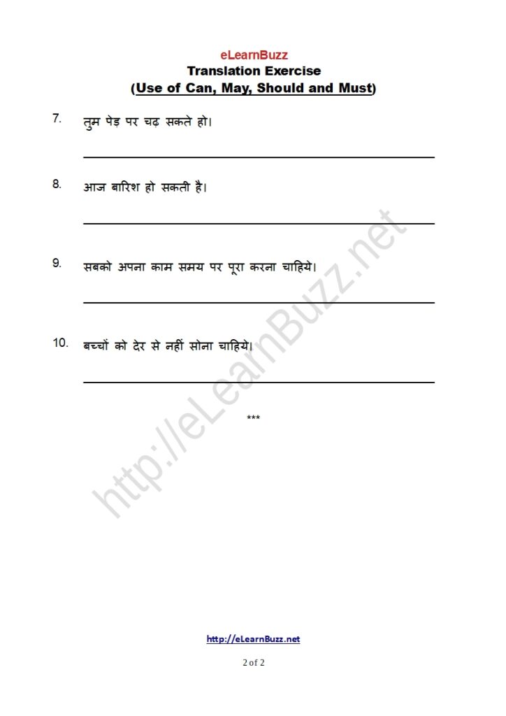 Translation Exercise  - Use of Can, May, Should and Must