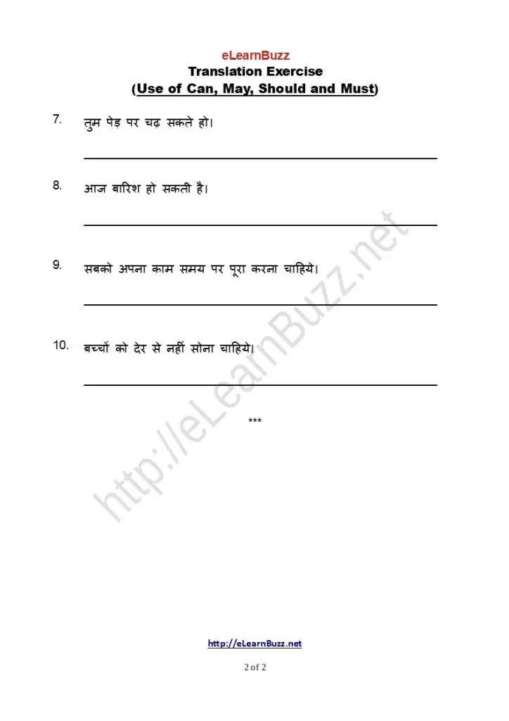 Translation Exercise - Use of Can, May, Should and Must