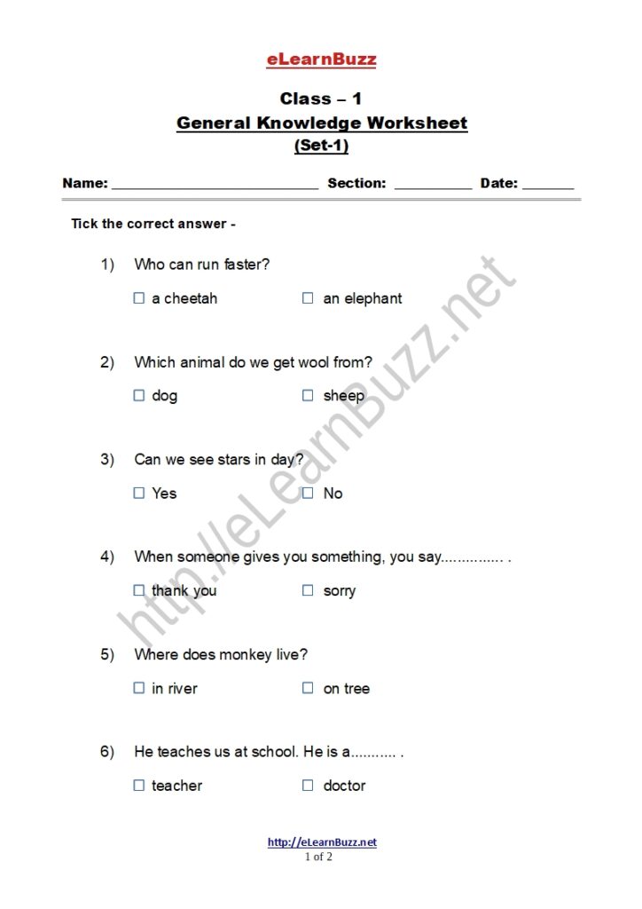 General Knowledge Worksheet for Class 1