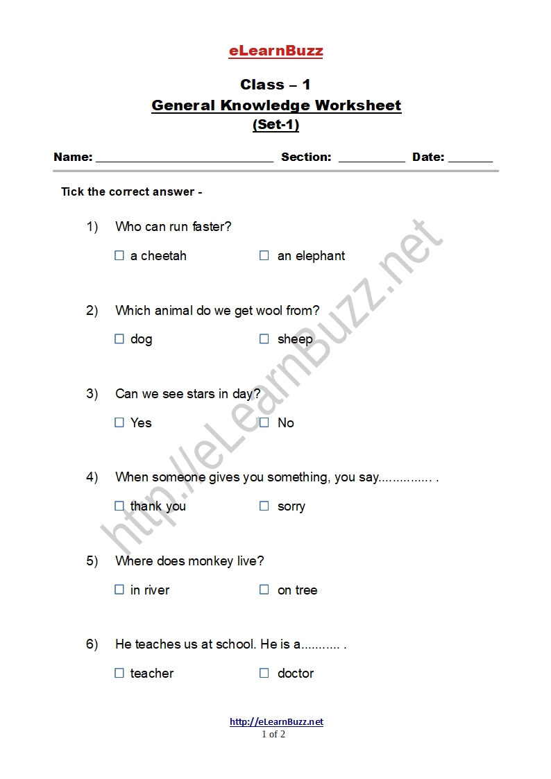 General Knowledge Worksheet For Class 1 Set 1 Elearnbuzz 4113