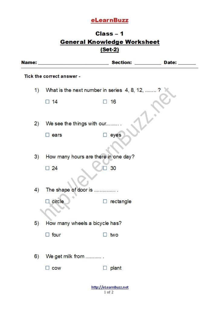 General Knowledge Worksheet for Class 1