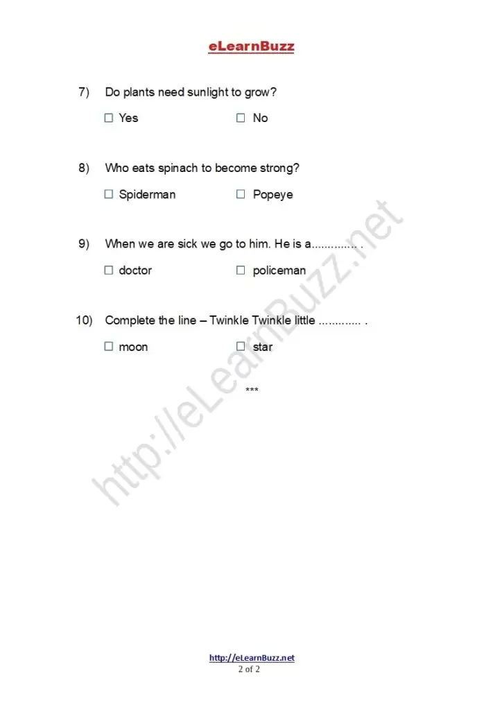 General Knowledge Worksheet for Class 1