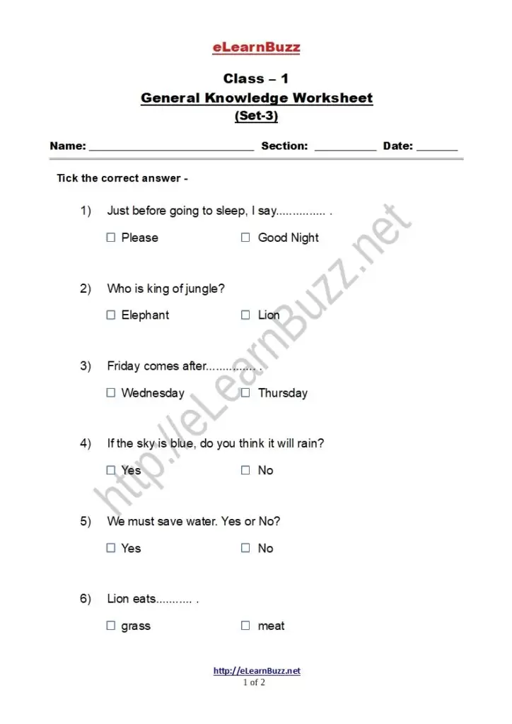 GK Worksheet for Class 1 Kids