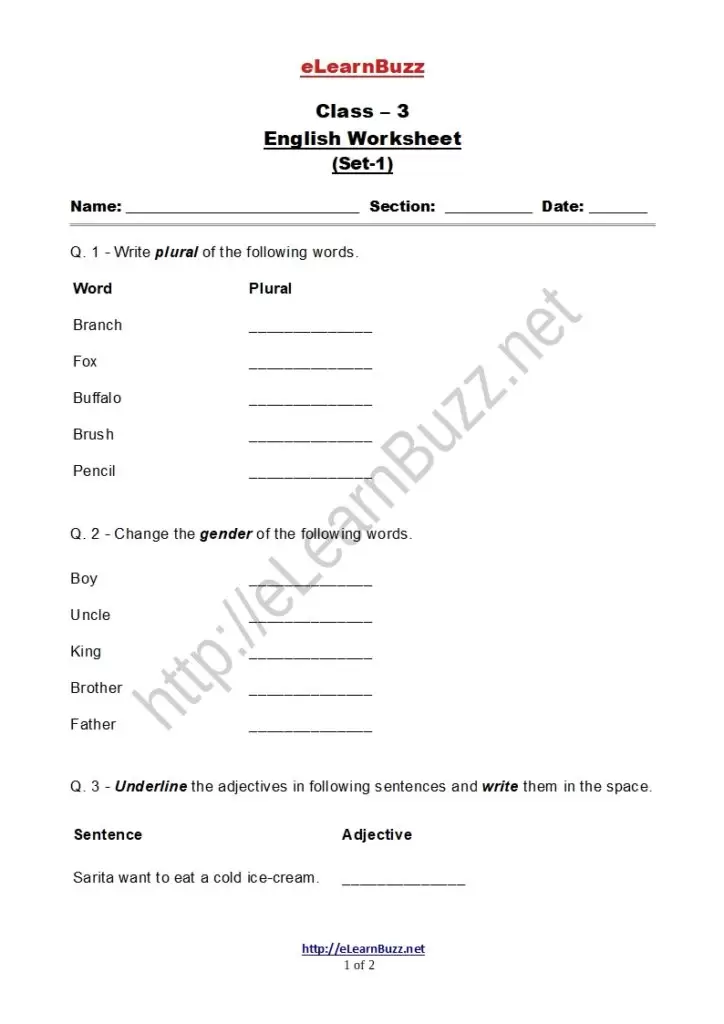 English Worksheet for Class 3 Kids