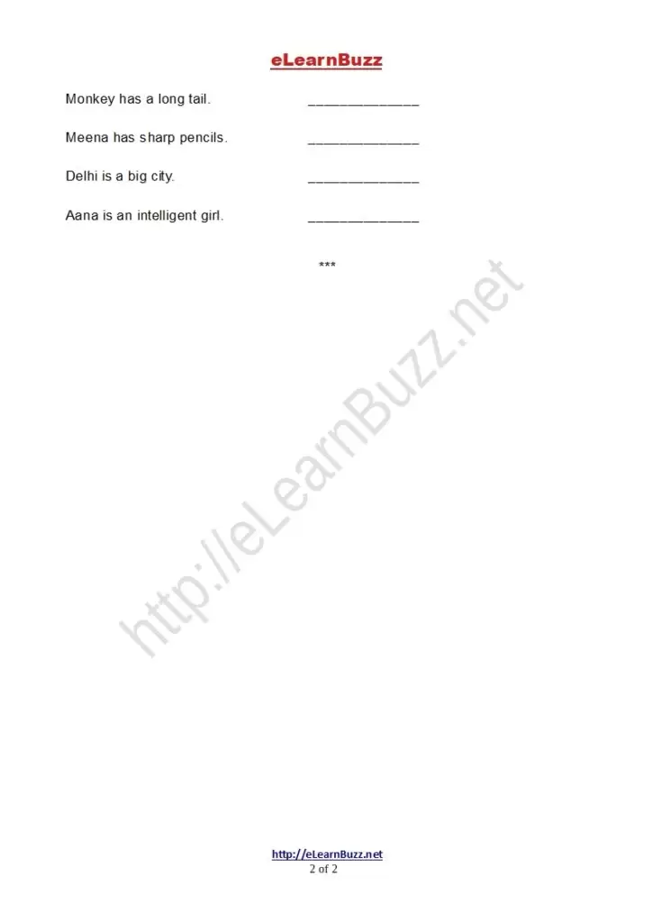 English Worksheet for Class 3 Kids