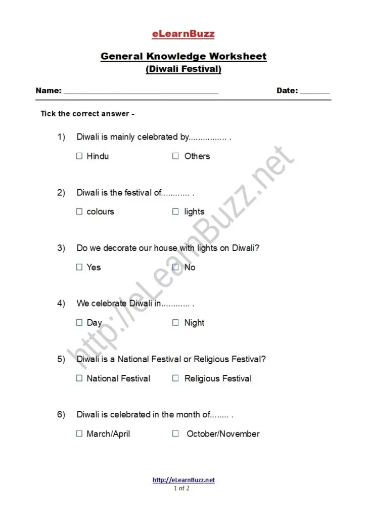 Worksheet on Diwali Festival