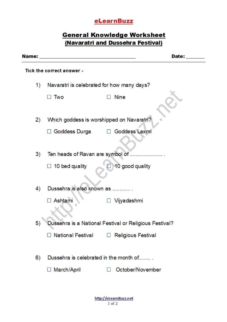 Worksheet on Navaratri and Dussehra - eLearnBuzz