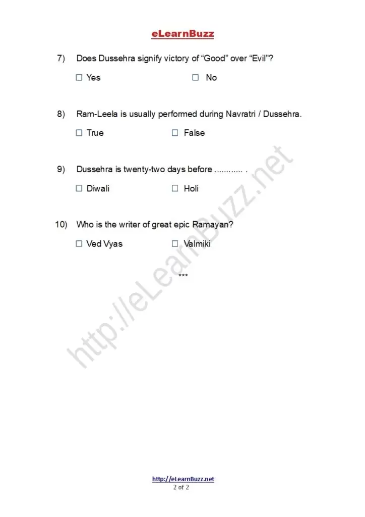 Worksheet on Navaratri and Dussehra