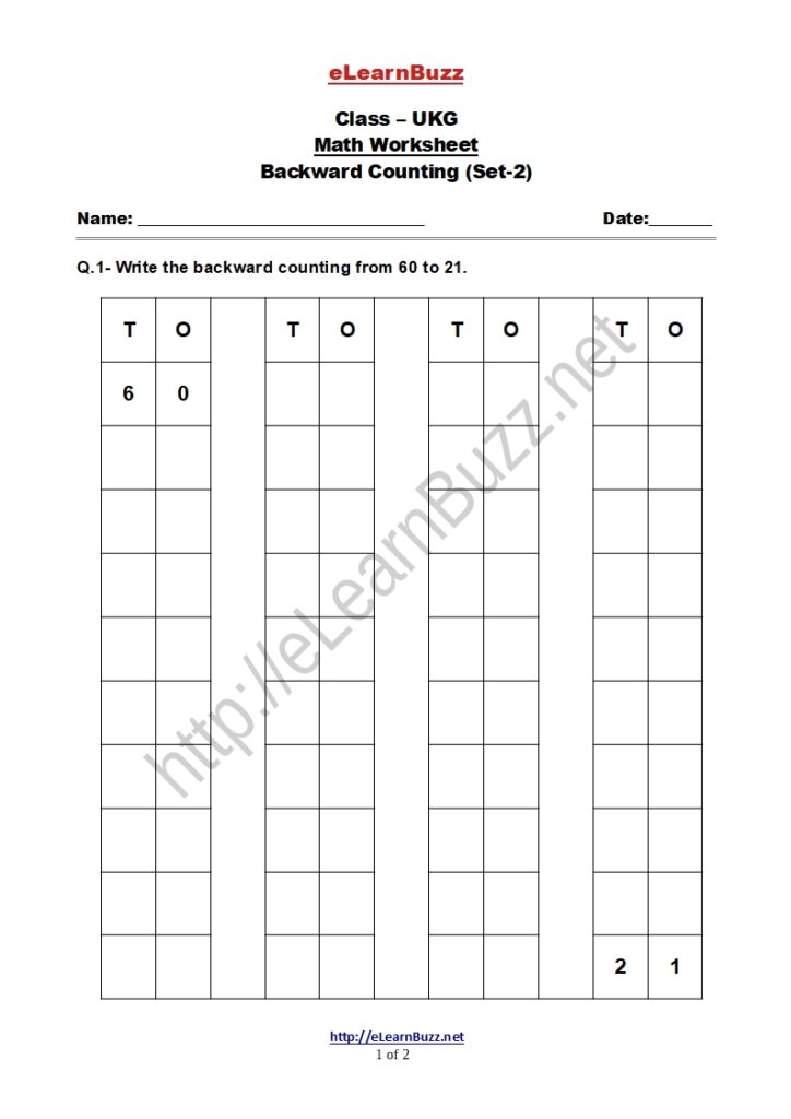 Backward Counting Worksheet for UKG Kids