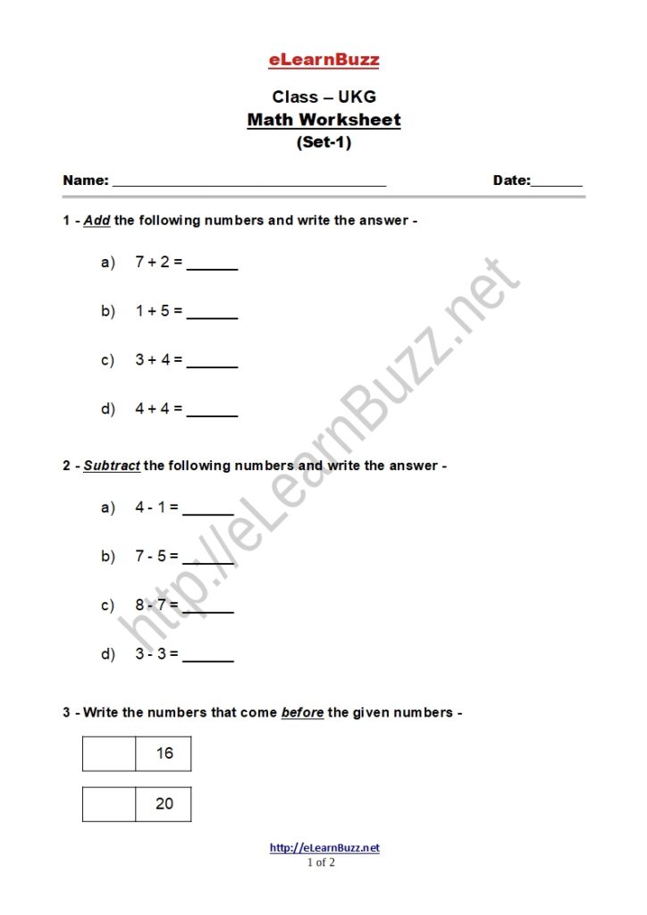 Math Worksheet for UKG Kids