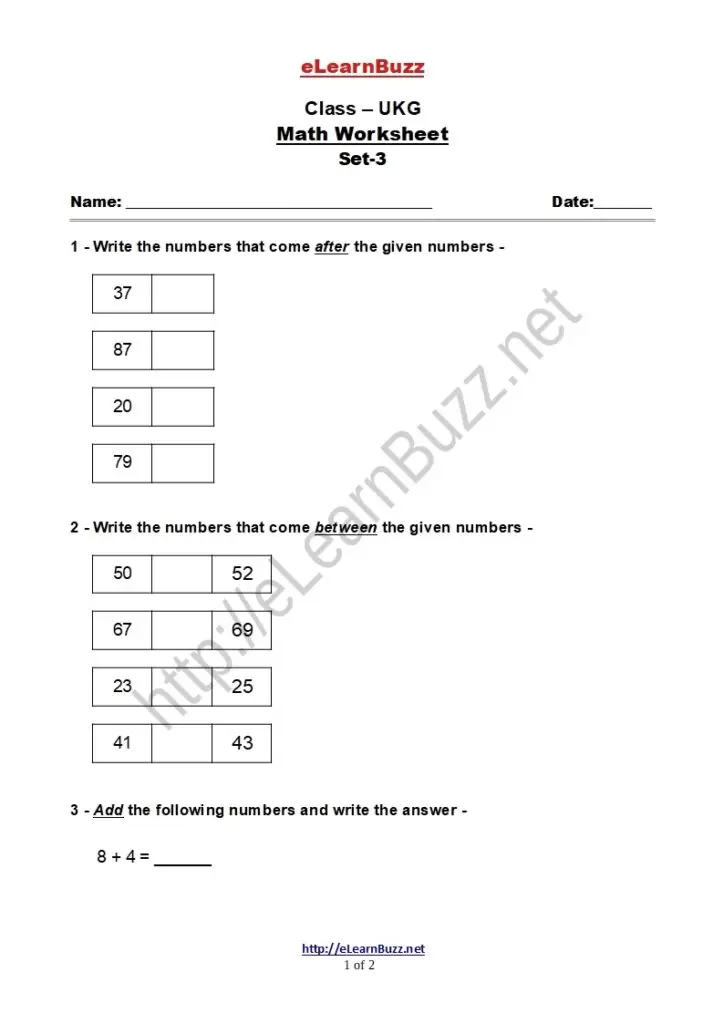 UKG Math Worksheet