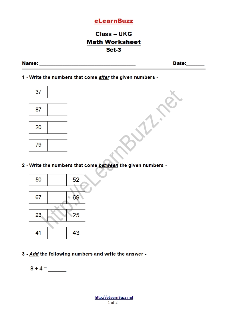 maths homework for ukg students