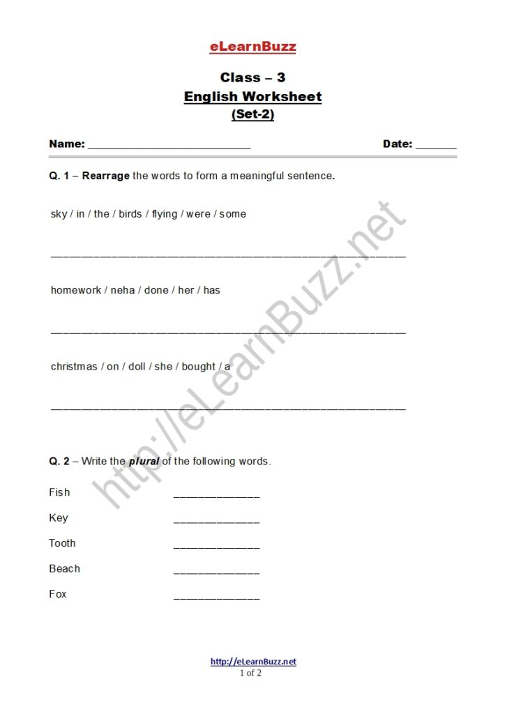 English Worksheet for Class 3 Kids