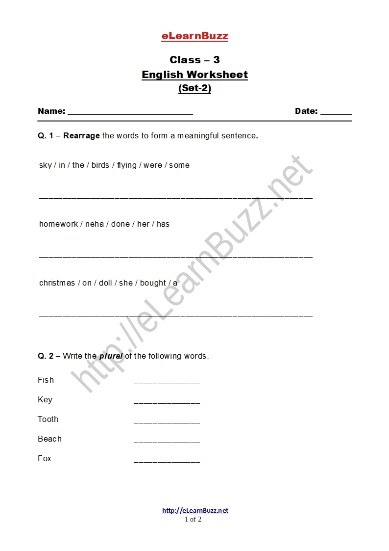 English Worksheet For Class 3 Set 2 Elearnbuzz