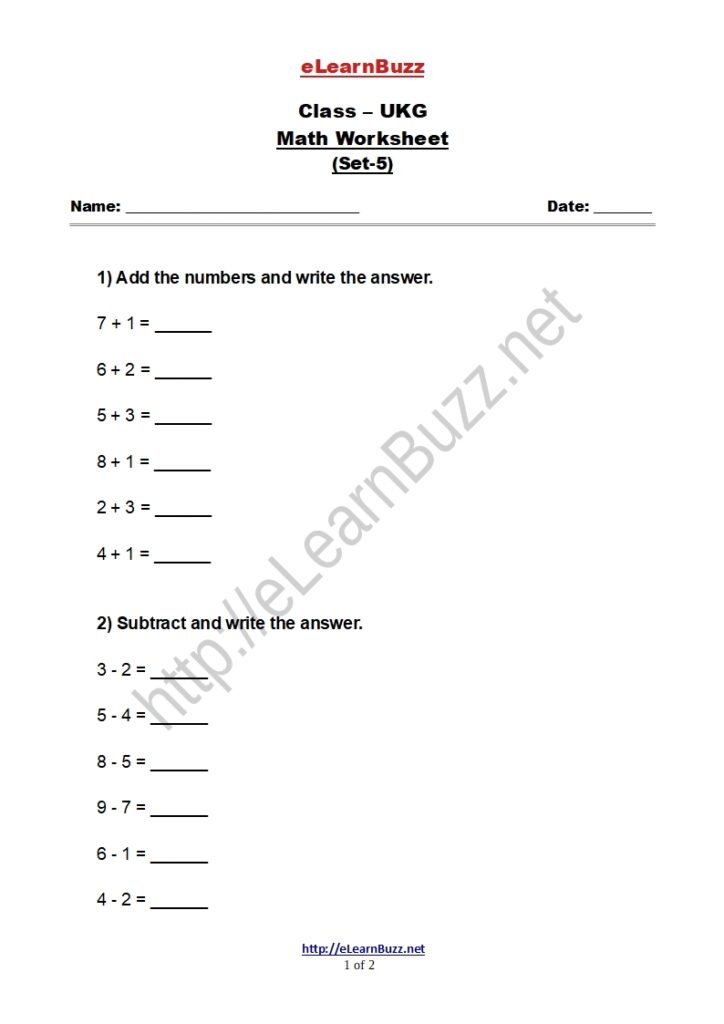 Simple Math Worksheet for UKG Kids