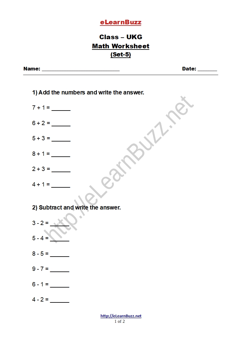 Simple Math Worksheet for UKG Kids (Set-5) - eLearnBuzz