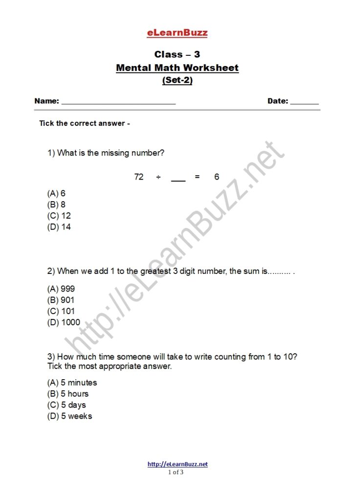 Mental Math Worksheet for Class 3 Kids