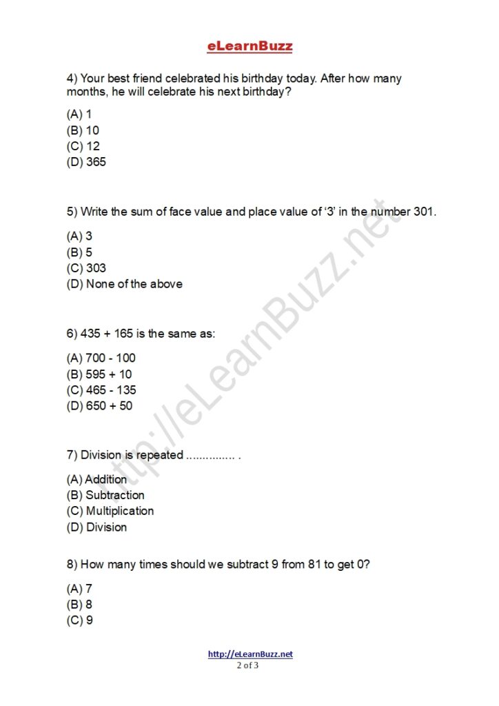 Mental Math Worksheet for Class 3 Kids
