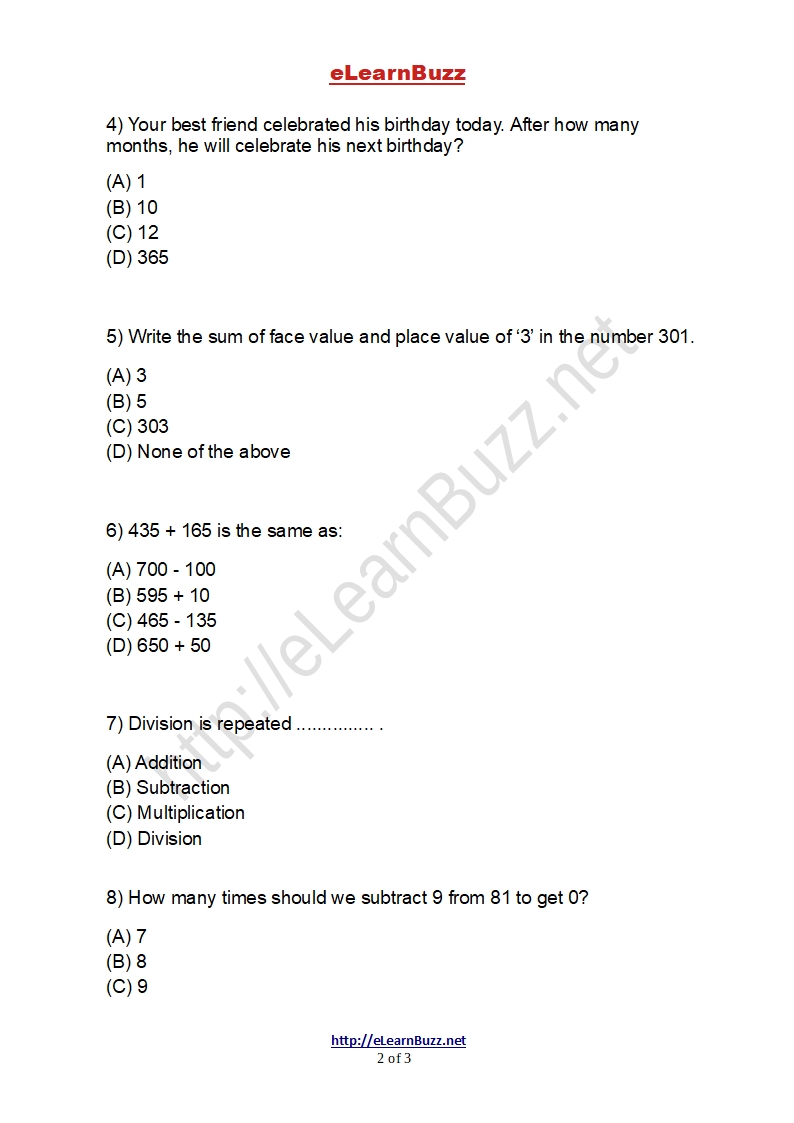 Mental Math Worksheet for Class 3 Kids (Set-2) - eLearnBuzz