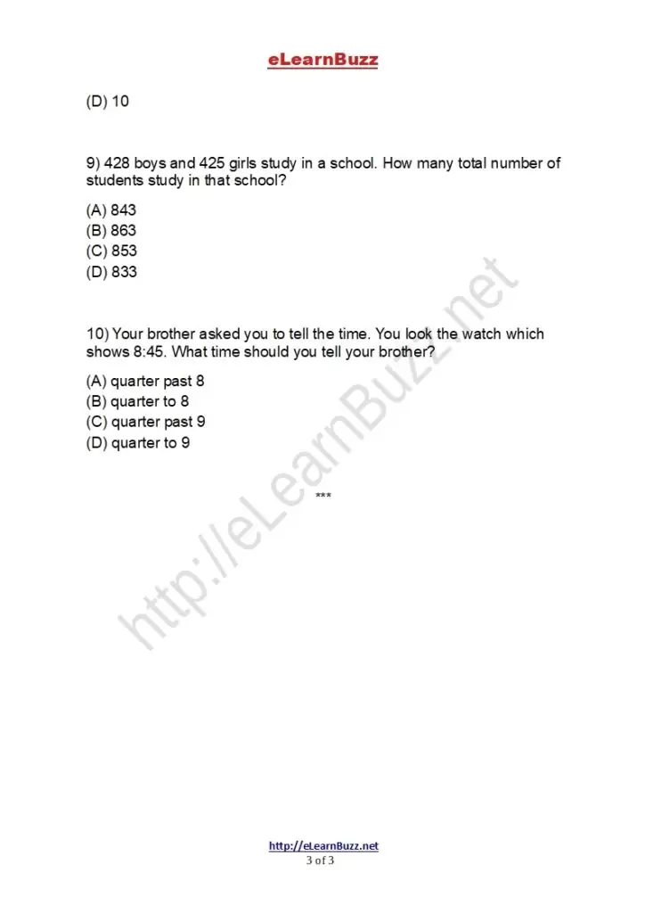 Mental Math Worksheet for Class 3 Kids