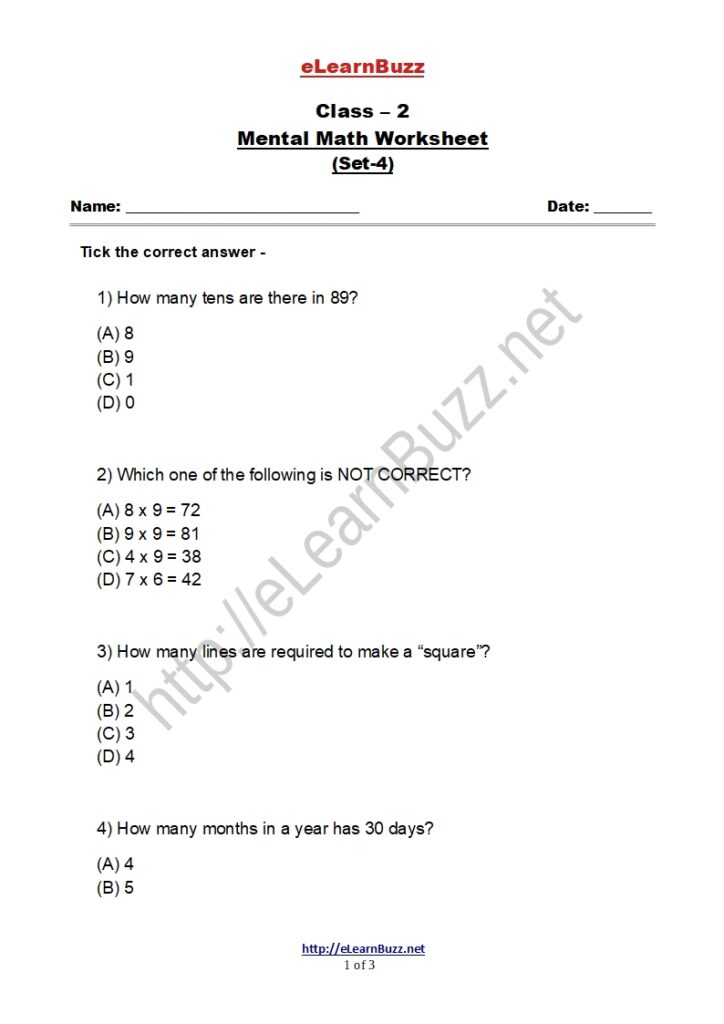Mental Math Worksheet for Class 2