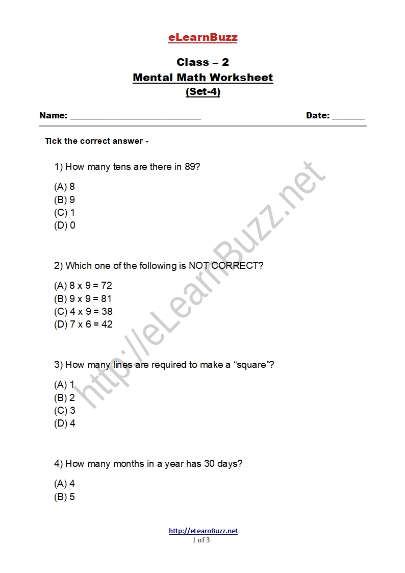 Mental Math Worksheet for Class 2 (Set-4) - eLearnBuzz