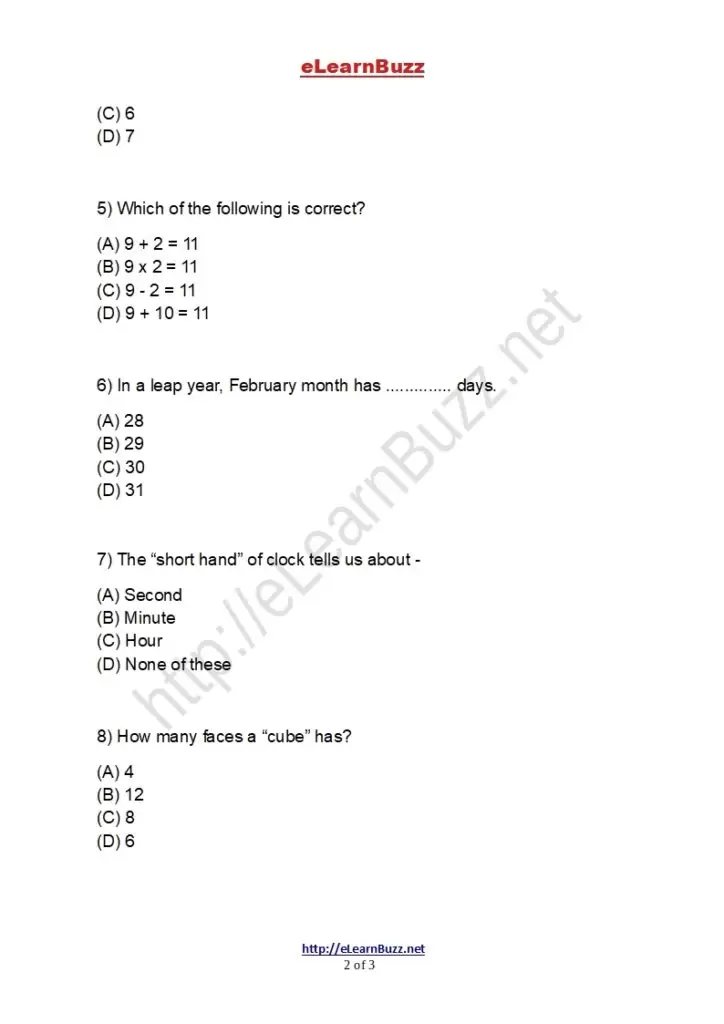 Mental Math Worksheet for Class 2
