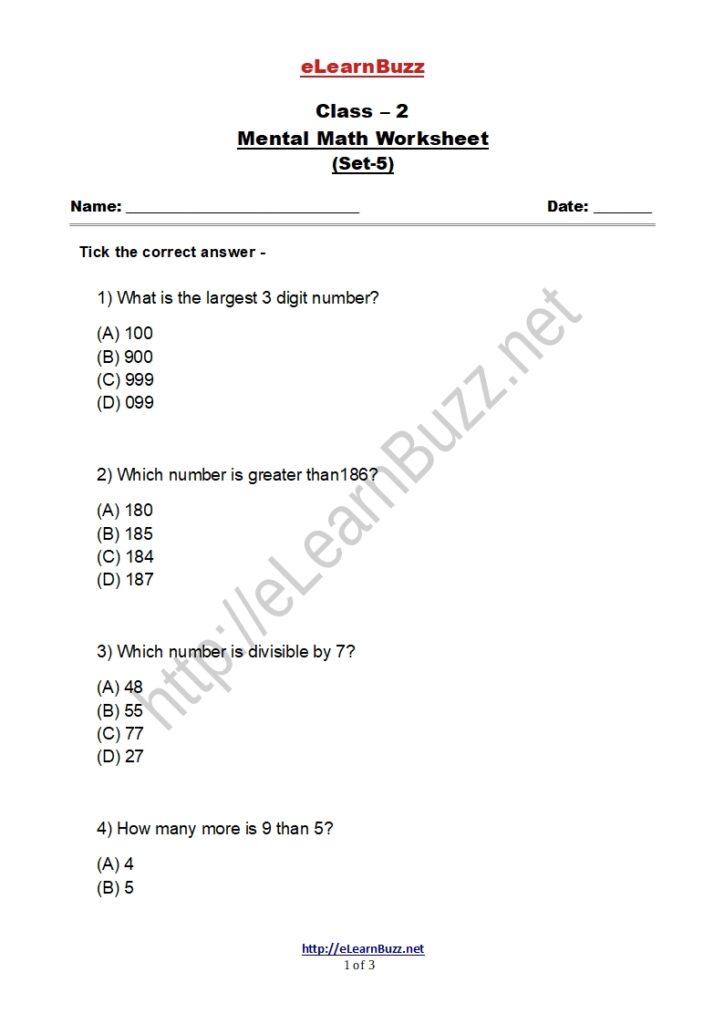 Mental Math Worksheet for Class 2