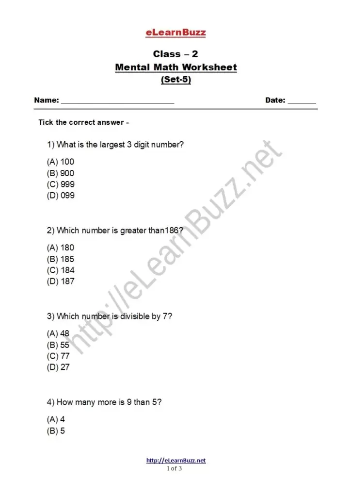 Mental Math Worksheet for Class 2