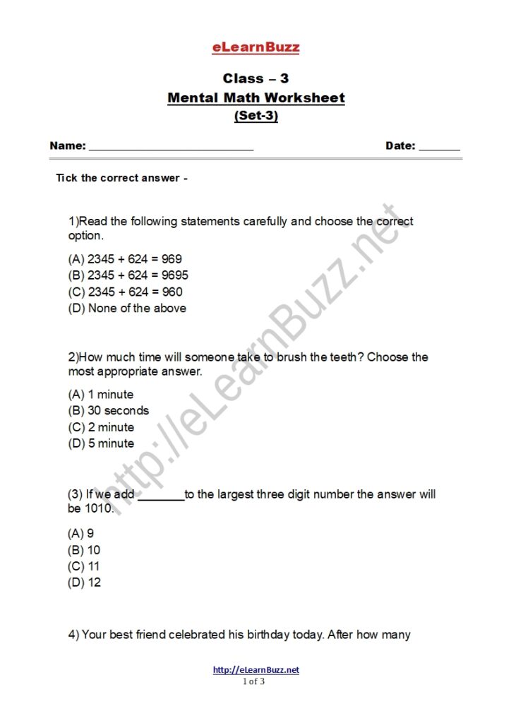 Mental Math Worksheet for Class 3 Kids (Set-3)-1