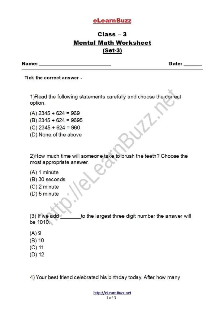 Mental Math Worksheet for Class 3 Kids (Set-3)-1