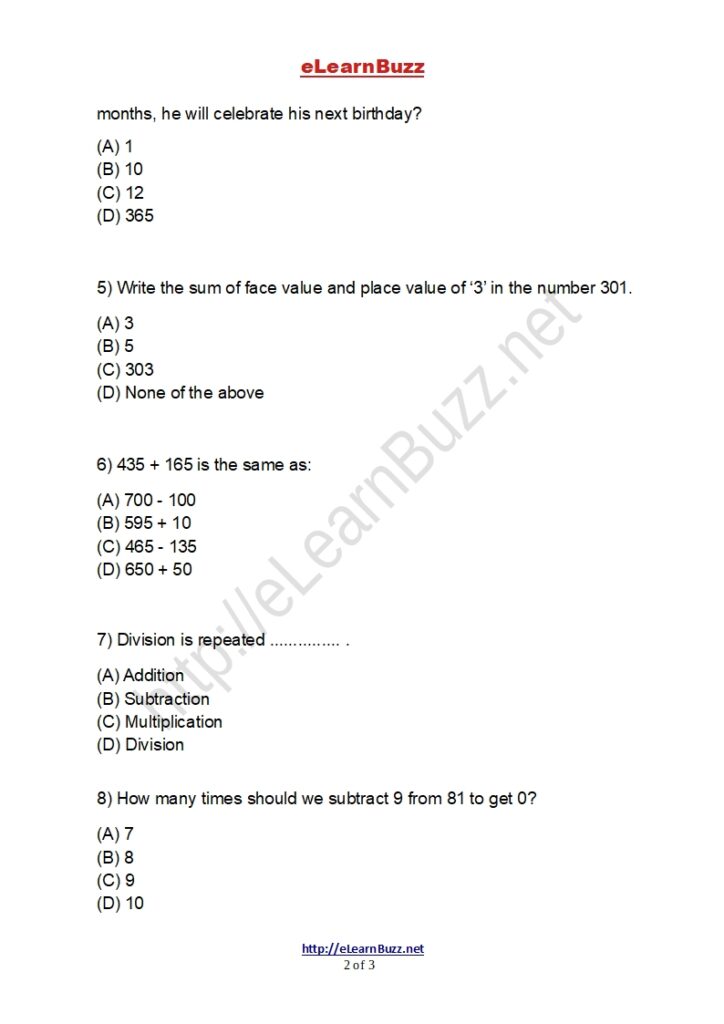 Mental Math Worksheet for Class 3 Kids (Set-3) - 2