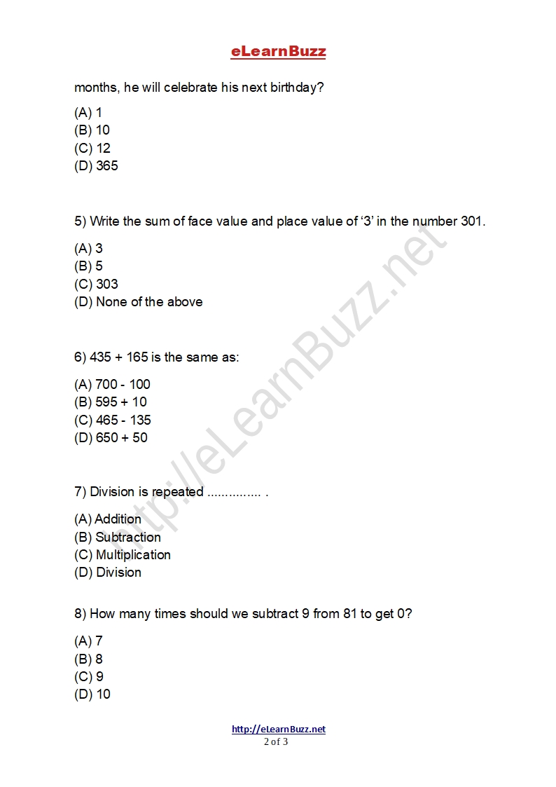 Mental Math Worksheet For Class 3 Kids (set-3) - Elearnbuzz