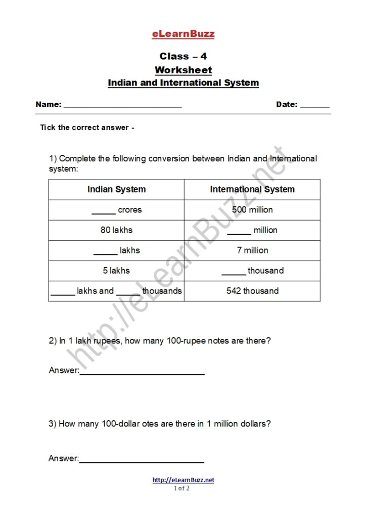 Indian and International Number System Worksheet