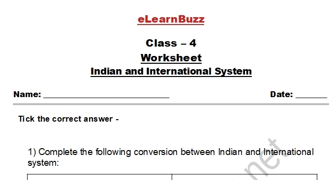 Indian and International Number System Worksheet for Class 4