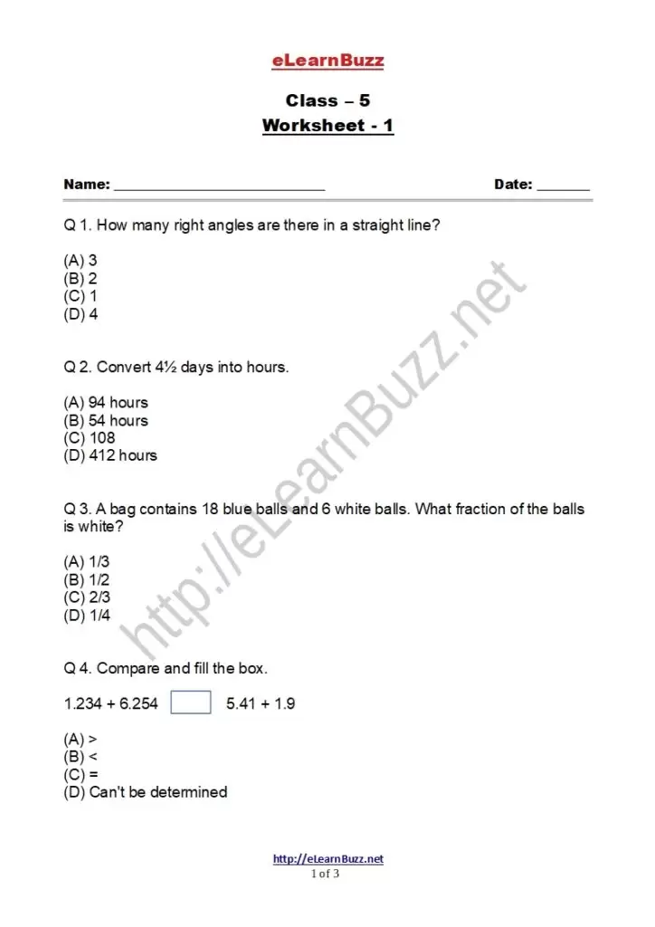 Math Worksheet Class 5