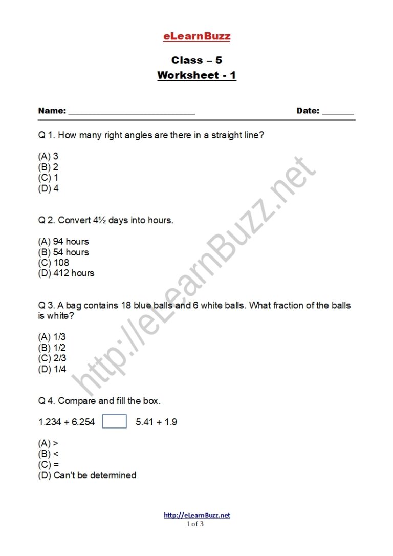 Class V Math Question Set Math Worksheet for Class 5 Kids (Set-1) - eLearnBuzz