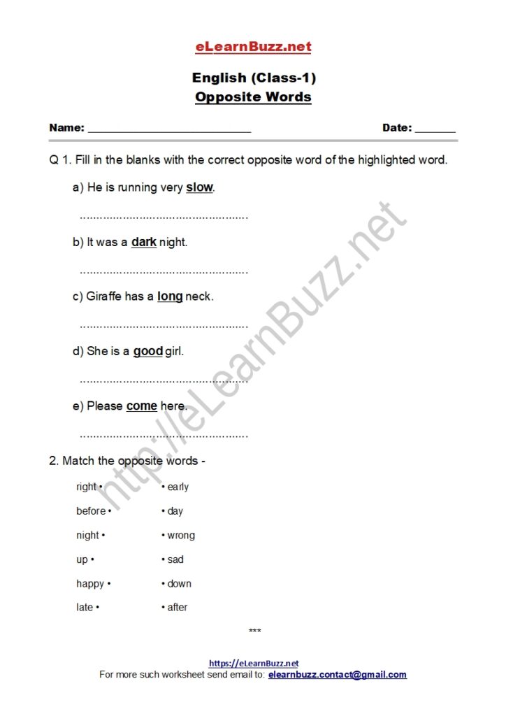 Opposite Word Worksheet for Class 1